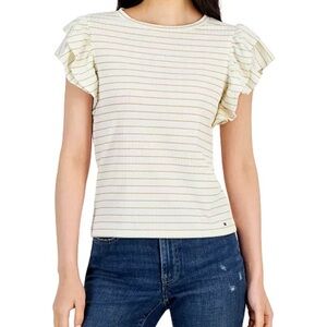 TOMMY HILFIGER Women's Striped Metallic Flutter-Sleeve Top S